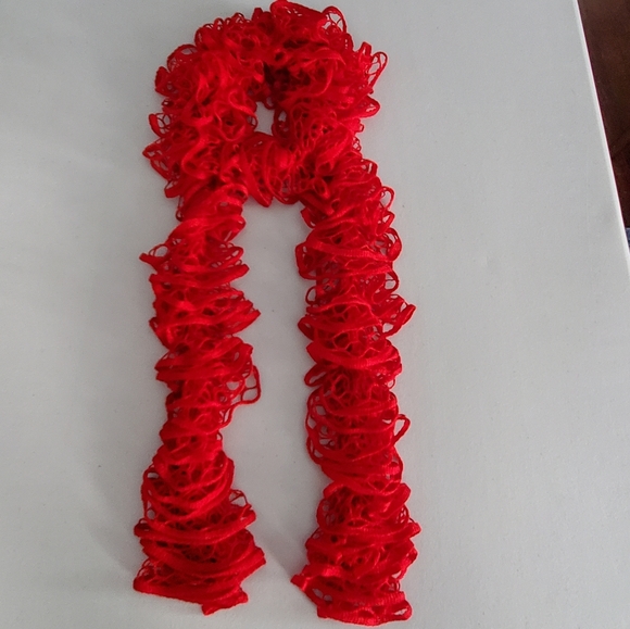 X-Long Red Crocheted Ruffle Scarf - Picture 8 of 8